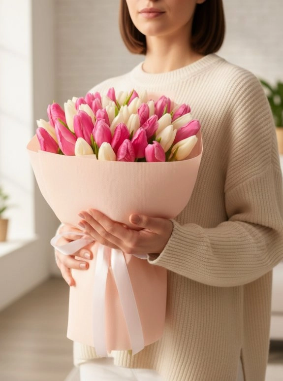 30 Adet Beyaz ve Pembe Lale Buketi