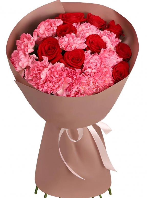 9 Gül Ve 12 Pembe Karanfil Buketi
